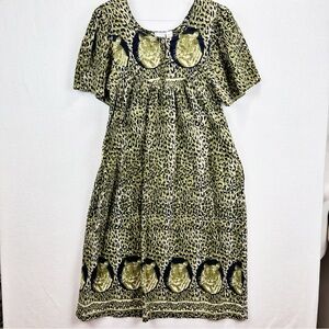 Vintage Leopard Print House Dress with Green Gold Tiger Wild Cat Mumu Size M